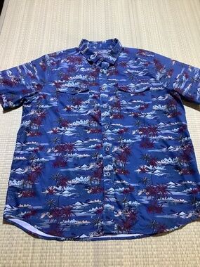 Ariat Tek Fitted Short Sleeve Shirt Blue Western Hawaiian Aloha Palms Large
